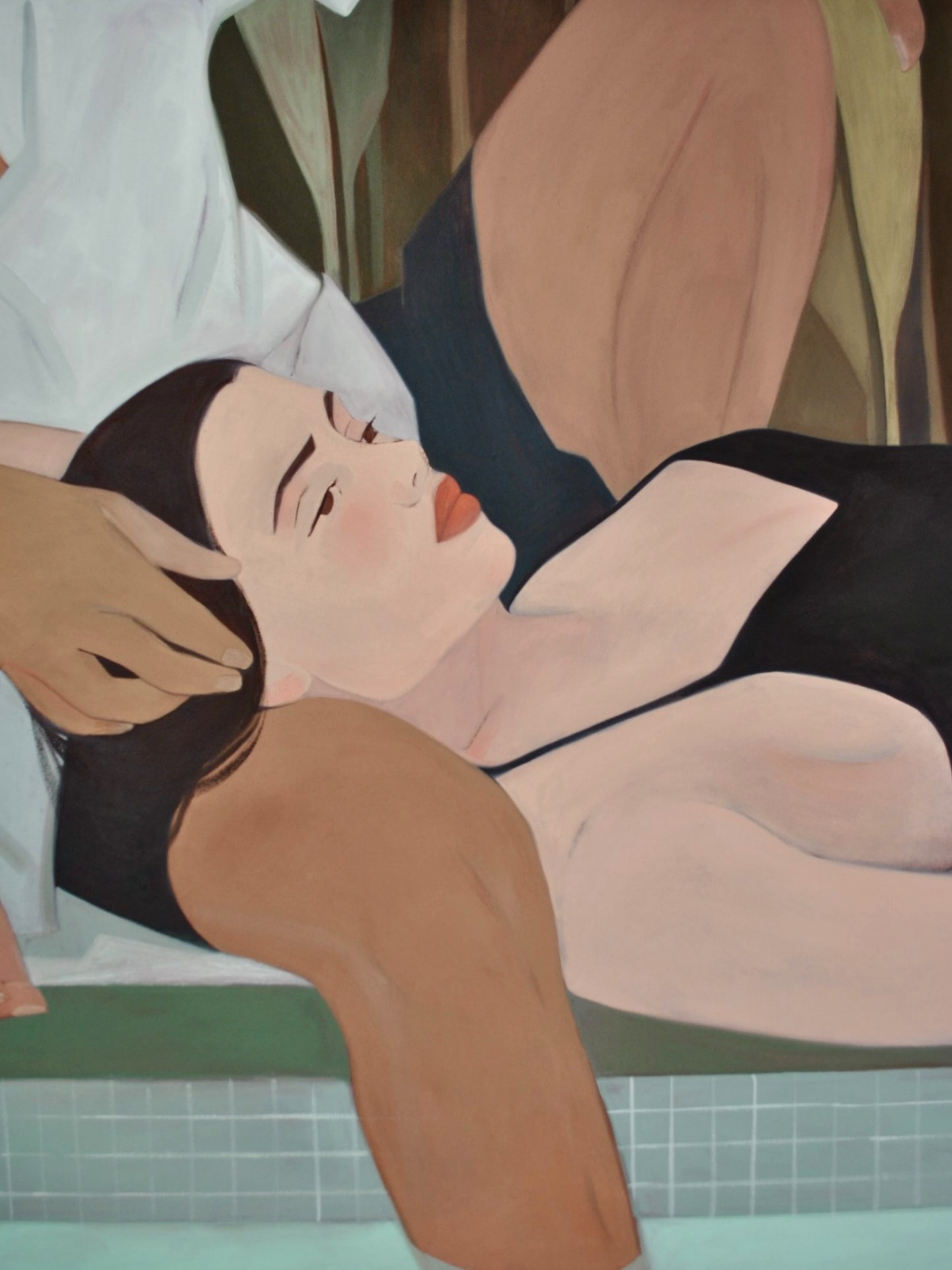 Pintura de Jenya Datsko: una mujer recostada junto al borde de una piscina