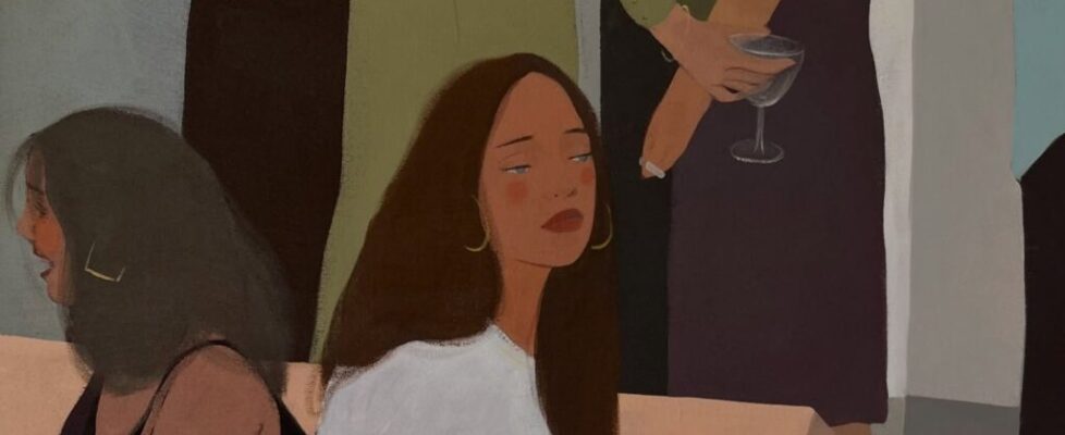 Pintura de Jenya Datsko: una mujer sentada con gesto ausente en una escena de piscina